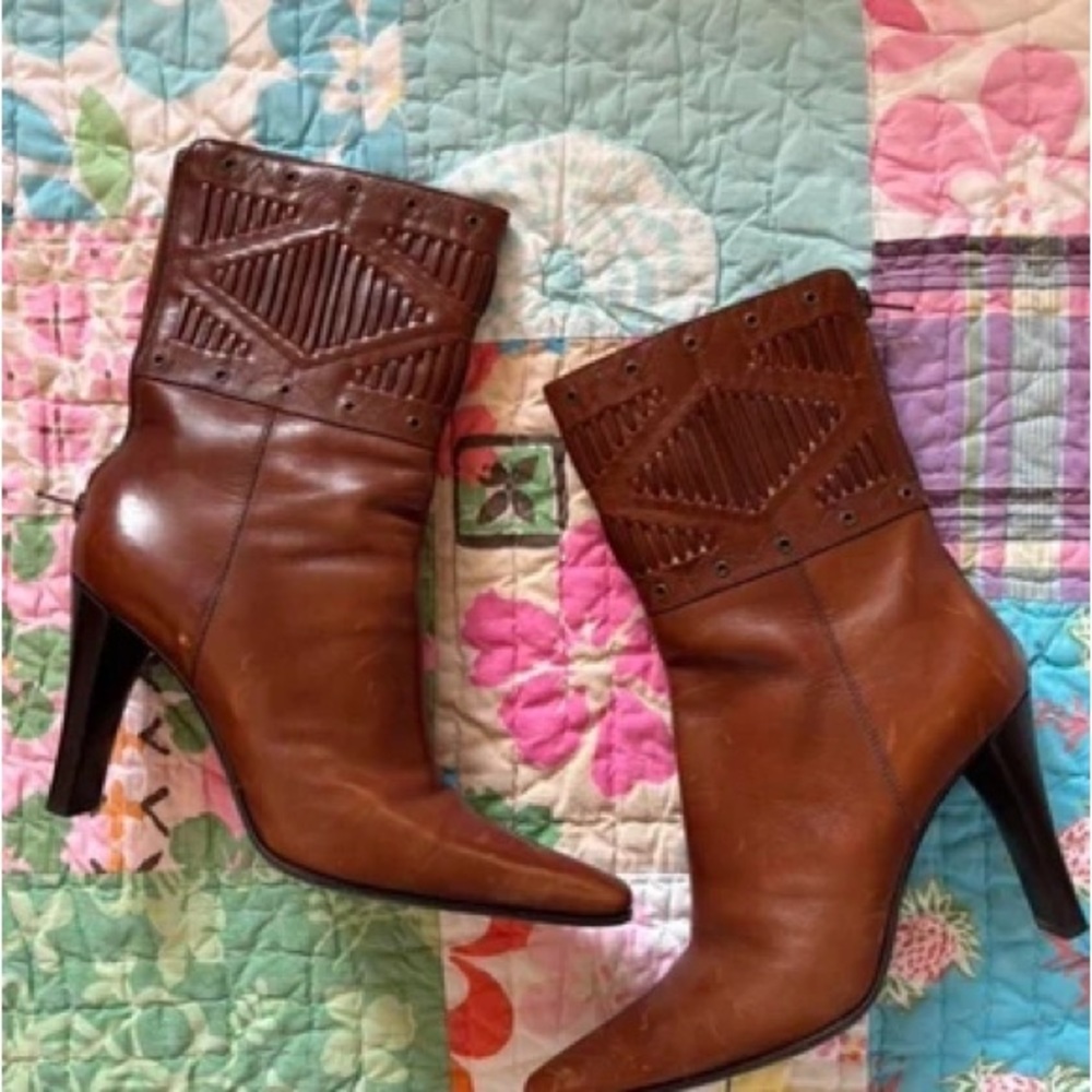 Women's Brown Leather Pointed-Toe Mid-Calf Heeled Boots